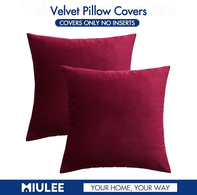 MIULEE Velvet Throw Pillow Covers 20x20 Inch Pack of 2 Wine Red | Soft Solid Decorative Pillow Covers, Modern Luxury Home Decor, for Couch Chair Sofa Bedroom Livingroom