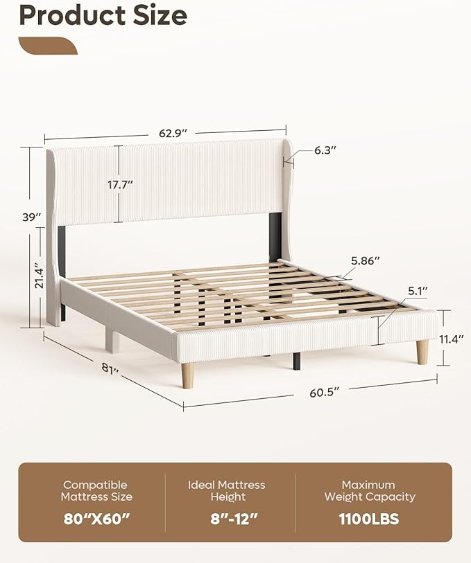 Bestier Queen Bed Frame with Wingback Headboard,Upholstered,Beige | Easy Assembly,Wingback Headboard,No Squeaks,Vertical Channel Corduroy Upholstered,Wooden Slats Support,No Box Spring Needed