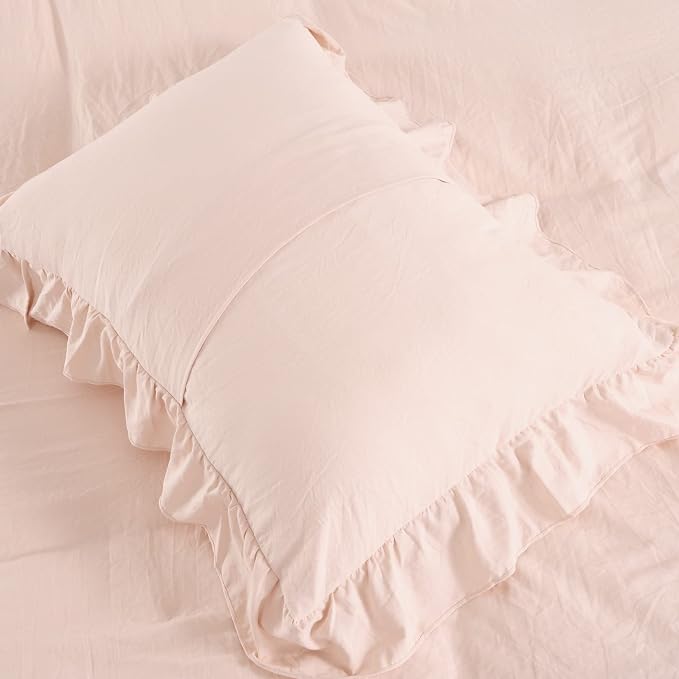CAROMIO Pink Ruffled Duvet Cover Twin, 2PCS Soft Washed Microfiber Vintage French Country Duvet Cover Set for Kids Girls, Pink, 68x90 in