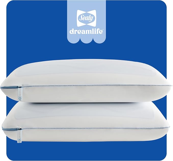 Sealy Dreamlife US Standard Size Memory Foam Cooling Pillow with SealyChill Cooling Gel, Removable Machine-Washable Cover, Made in the USA (2 Pack)