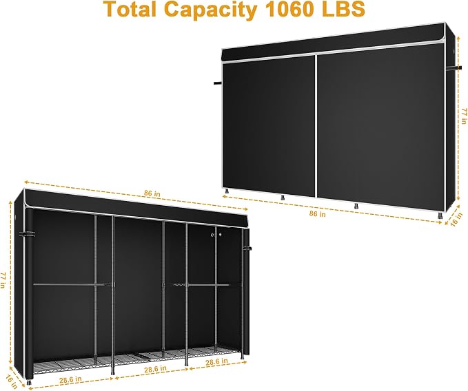 ULIFHOME E14C Max Heavy Duty Closet Organizer System，Freestanding Clothing Racks for Hanging Clothes，Adjustable Garment Rack 86" W × 16" D × 77" H Hold 1060 lbs，Black Rack with Black Cover