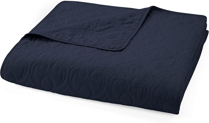 Merit Linens Classic Quilt Coverlet Soft Set in Damask Stitching - King/Cal-King Navy