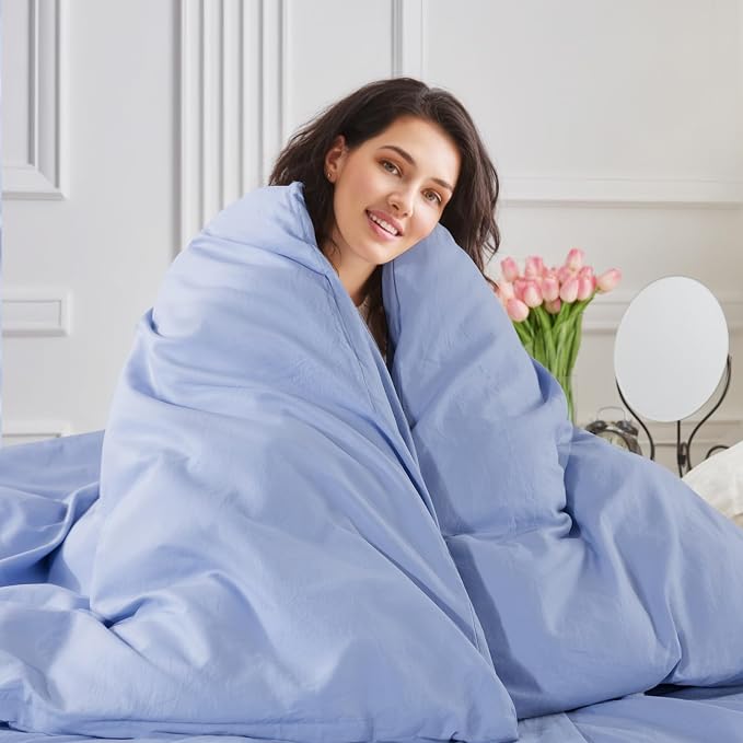 NEXHOME PRO Queen Duvet Cover Set, 100% Washed Cotton with Linen-Like Texture, Natural Organic, Breathable & Comfortable, Includes Home Bedding Set Baby Blue (No Comforter) 9090