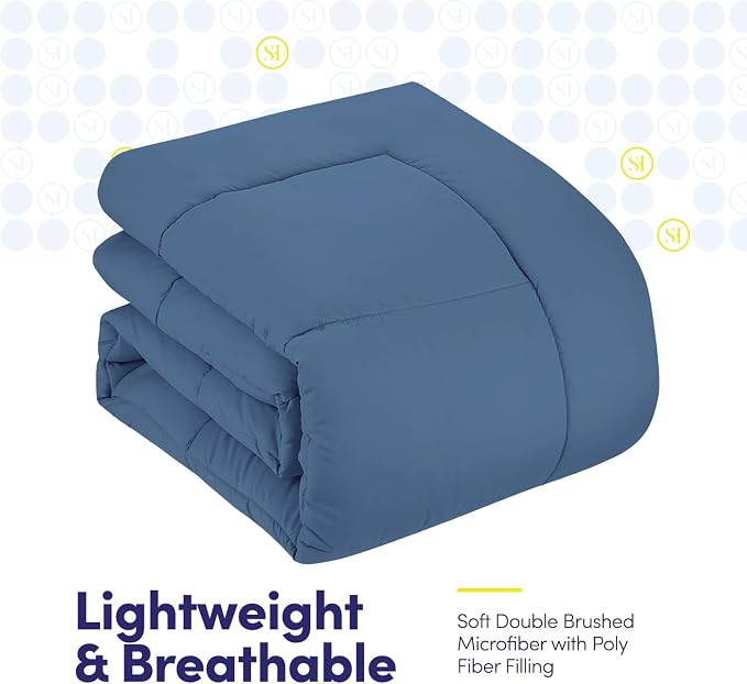 Sweet Home Collection 5 Piece Comforter Set Bag Solid Color All Season Soft Down Alternative Blanket & Luxurious Microfiber Bed Sheets, Denim, Twin