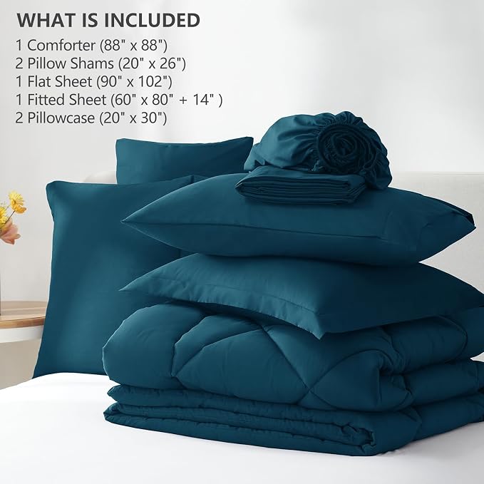 Queen Comforter Set with Sheets Lyons Blue - 7 Pieces Bed in a Bag | OEKO-TEX Certified, All Season, 240GSM Down-Alternative Comforter, Sheets, Pillowcases & Shams, 14" Deep Pocket, Easy Care
