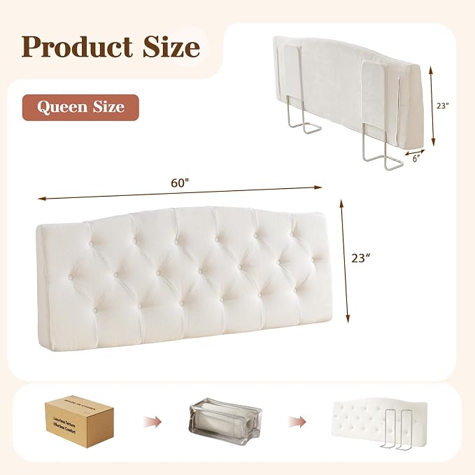 Vamcheer Queen Upholstered Headboard Cream, No Assembly | Ideal for Queen Bed; High-density Foam; Adjustable Height; Provides Soft Support; Luxury Texture Fabric