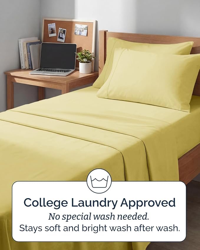 Extra Deep Twin XL Sheet Set - 4 Piece College Dorm Room - Yellow | College Dorm Room Essentials, Easy & Secure Fit, Ultra-Soft, Wrinkle & Fade Free, Comfy Sheets Set with Extra Deep Pockets