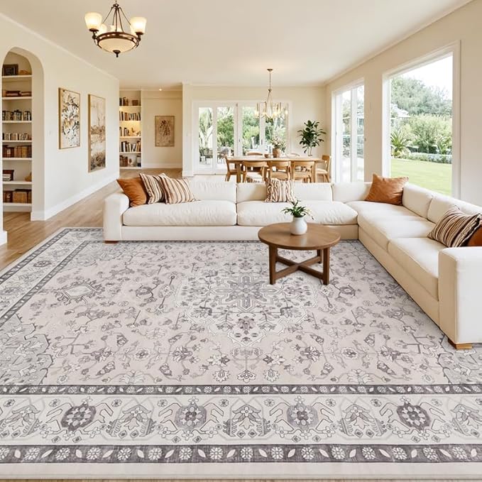 10x14 Area Rugs Living Room: Bedroom Washable Carpet Beige & Grey | Large Vintage Boho Indoor Decor Neutral Soft Nursery Farmhouse Dining Room Office Floor Non-Slip Low Pile Under Table Rug