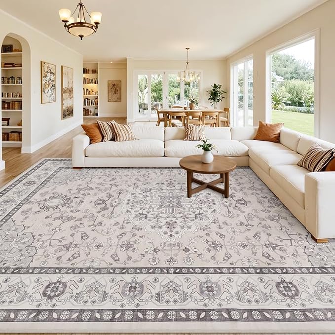 10x12 Area Rugs Living Room: Bedroom Washable Carpet Beige & Grey | Large Vintage Boho Indoor Decor Neutral Soft Nursery Farmhouse Dining Room Office Floor Non-Slip Low Pile Under Table Rug