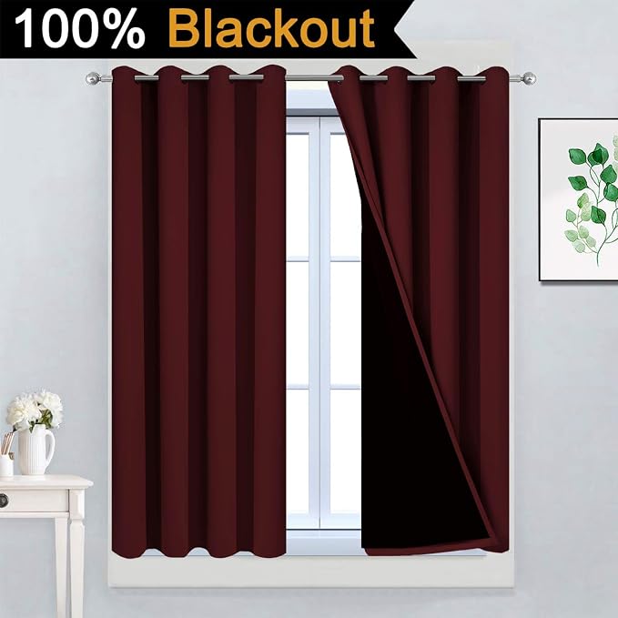 Yakamok Burgundy Red Blackout Curtains 45 Inches Long for Bedroom 52" Wide | Blackout Curtain Panels for Bedroom, 2 Thick Layers Grommet Top Thermal Insulated Drapes with Black Liner for Living Room