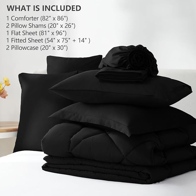 Full Size Comforter Sets Black - 7 Pieces Complete Bedding Set | OEKO-TEX Certified, All Season, 240GSM Down-Alternative Comforter, Sheets, Pillowcases & Shams, 14" Deep Pocket, Easy Care