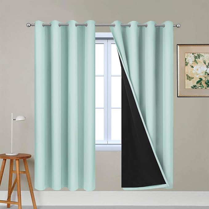 Yakamok Aqua 100% Blackout Curtains 72 Inches Long for Bedroom 52" Wide | Blackout Curtain Panels for Bedroom, 2 Thick Layers Grommet Top Thermal Insulated Drapes with Black Liner for Living Room
