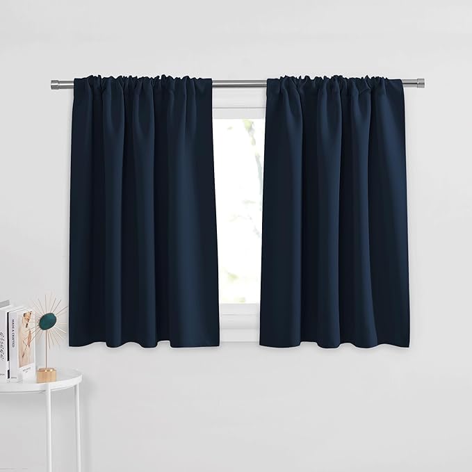 PONY DANCE Short Length Curtains for Kitchen, Solid Half Window Curtain Tiers for Bathroom Energy Saving Privacy Shade for RV Camper, 29W x 30L, Navy Blue, 2 Pieces