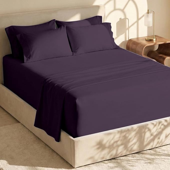 Hearth & Harbor Extra Deep Pocket Sheets - Fits Mattress 18-24 Inches Deep - Extra Deep Pocket Split King Size Sets - 7 Piece Split King Size - Eggplant