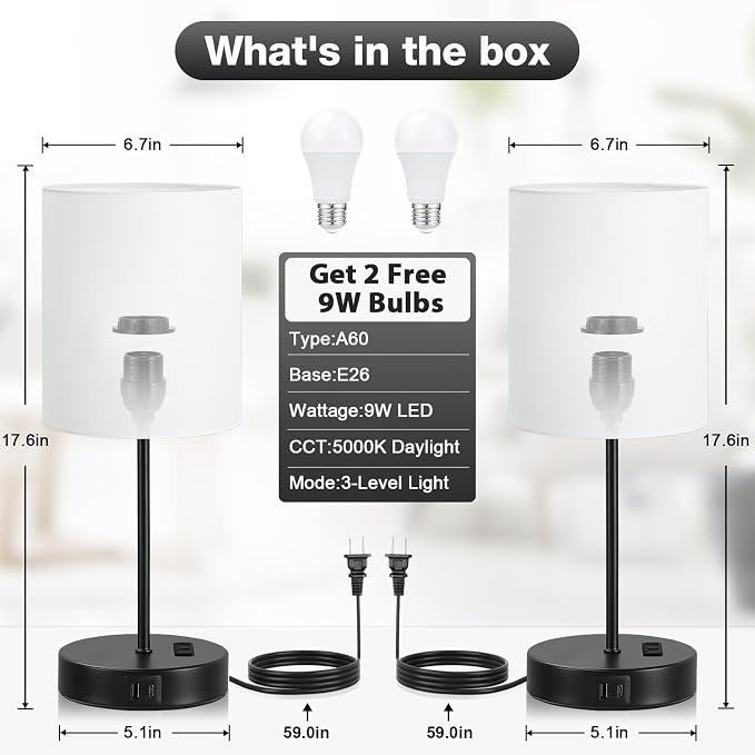 White Black Touch Lamps for Bedroom Set of 2, Dimmable, USB C+A, AC Outlet | Large 17.6" Tall Lamp, 3-Way Dimming, 5000K Daylight Bulbs, White Lampshade Black Base, for Living Room, Boys, Men, Girls