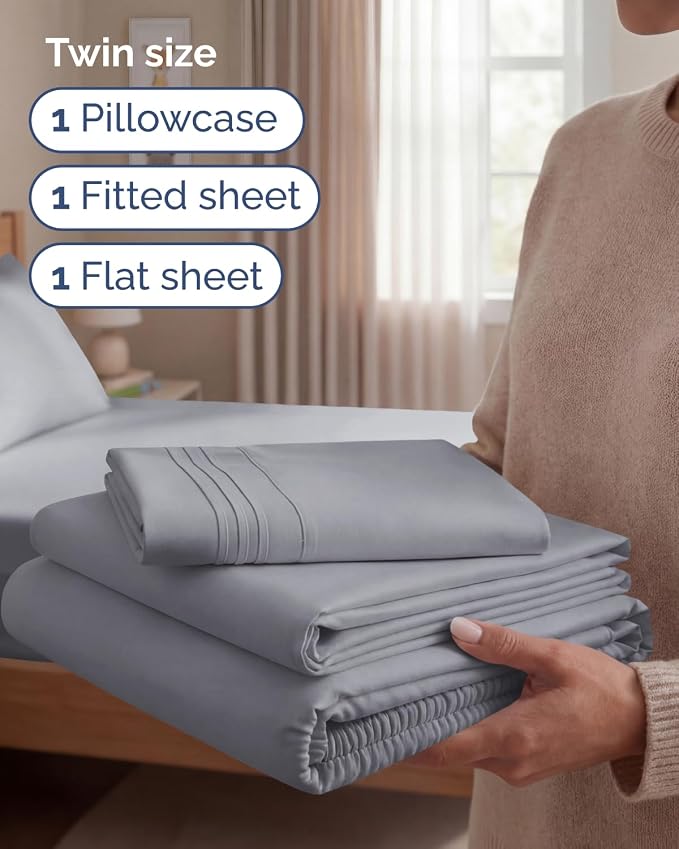 Twin Size 3 Piece Sheet Set - Breathable & Cooling Sheets - Steel Blue | Hotel Luxury Bed Sheets for Women & Men, Deep Pockets, Easy-Fit, Extra Soft and Wrinkle Free Sheets, Oeko-Tex Bed Sheet Set