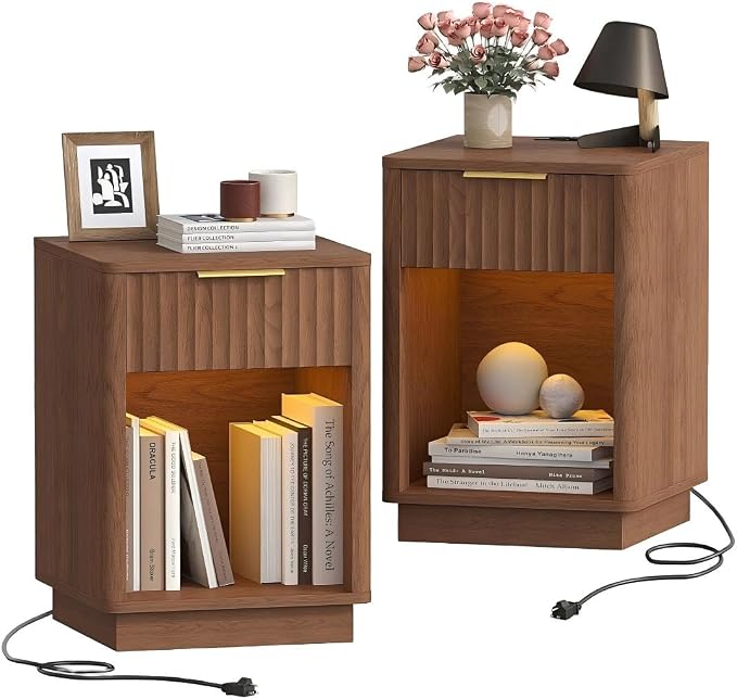 Akxomel Fluted Nightstand Set 2 Bedside Table with Charging Station Walnut | Wooden Side Table with LED Light, Modern Mid Century End Table with Drawer, 15" D x 15.7" W x 22.6" H, for Bedroom
