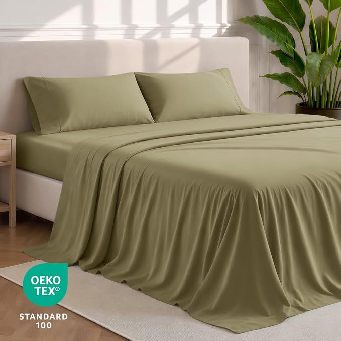 Bare Home Queen Sheet Set - 1800 Ultra-Soft (Queen, Olive) | Deep Pockets 6 to 15 Inches, Breathable, Hypoallergenic, Hotel Luxury, Easy Fit, Soft, All-Season