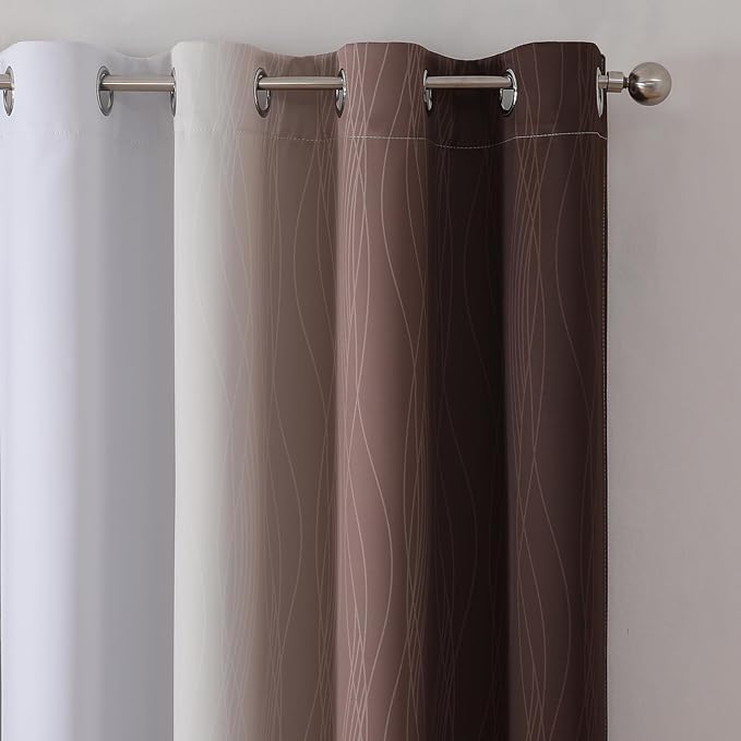 Brown and Greyish White Blackout Curtains 52Wx45L 2 Panels | Ombre Curtains for Bedroom,Thermal Insulated,Full Room Darkening,Light Blocking,Gradient Grommet Window Drapes for Bathroom