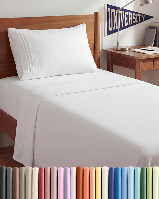 Twin XL 3 Piece Sheet Set - College Dorm Room Essentials - White | Deep Pocket Bed Sheets for Women, Men, Teens & Students, Soft, Cooling, Breathable & Wrinkle Free, Oeko-Tex Bed Sheet Set