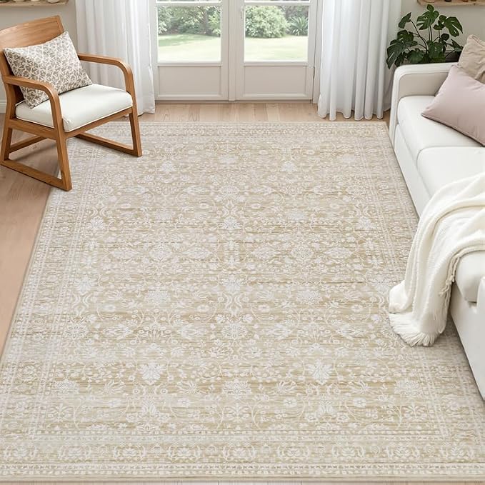 6x9 Area Rugs Living Room: Bedroom Washable Carpet Natural Beige | Large Vintage Boho Indoor Decor Carpets Soft Nursery Farmhouse Dining Room Office Floor Non-Slip Low Pile Under Table Rug