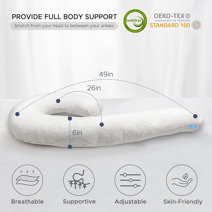 Body Pillow for Adults, Swan Shaped Pillow Insert for Sleeping, Grey, 49 In | Side Sleeper Pregnancy Bed Pillow, Soft Fabric, Shredded Memory Foam and Removable Washable Cover