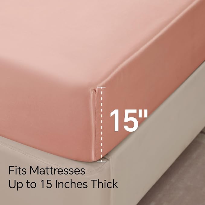 BEDELITE Satin Sheets Queen Size Bed Set, Coral Pink, 4 Pieces | Luxury Silky Bed Sheets, 15 Inch Deep Pocket, Similar to Silk, Soft and Cooling, Reduces Friction, Gentle on Hair and Skin