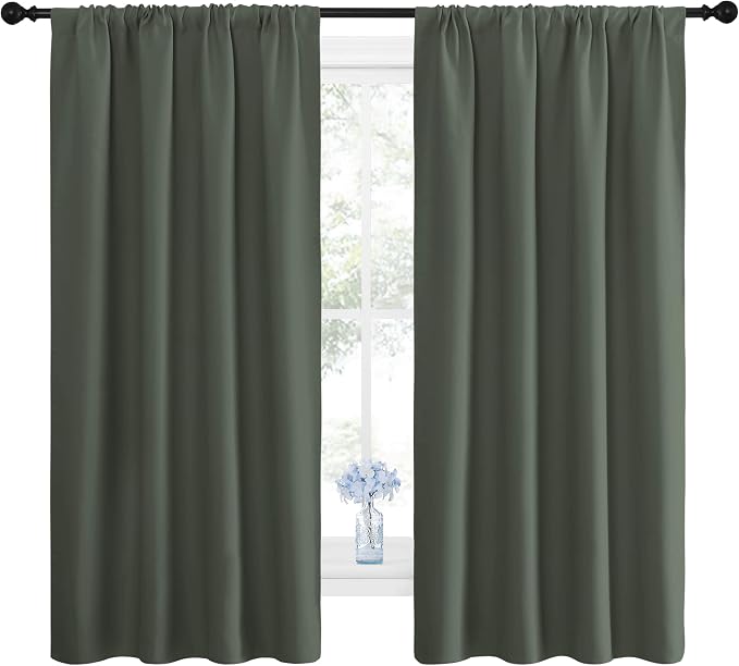 NICETOWN Dark Mallard Blackout Curtains for Kid's Room 42" x 63" 2 Panels | All Season Thermal Insulated Solid Rod Pocket Top Drapes for Bedroom Living Room Kitchen, Light Blocking Noise Reducing Decor