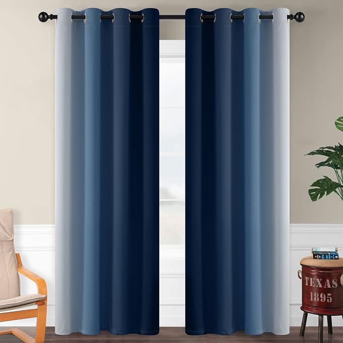 SimpleHome Ombre Blue to Grey White Curtains for Living Room 52Wx84L | Room Darkening Curtains for Bedroom,Gradient Light Blocking Curtain,Thermal Insulated Grommet Window Drapes,2 Panels,84 Inch