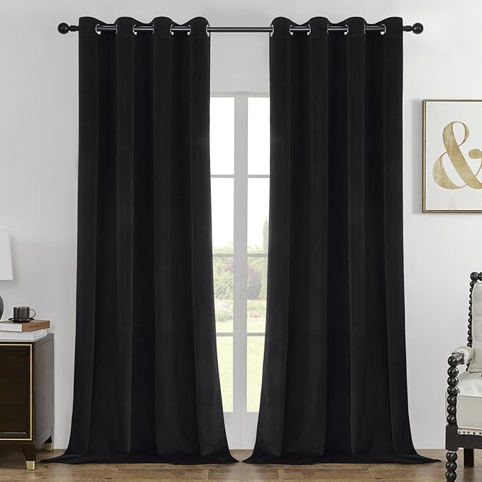 Joydeco 100% Blackout Curtains Velvet Black Out Curtain 90 Inch Drapes | for Bedroom Living Room, Heat and Light Blocking, Thermal Insulated Luxury Heavy Duty Curtain 2 Panels Grommet Top