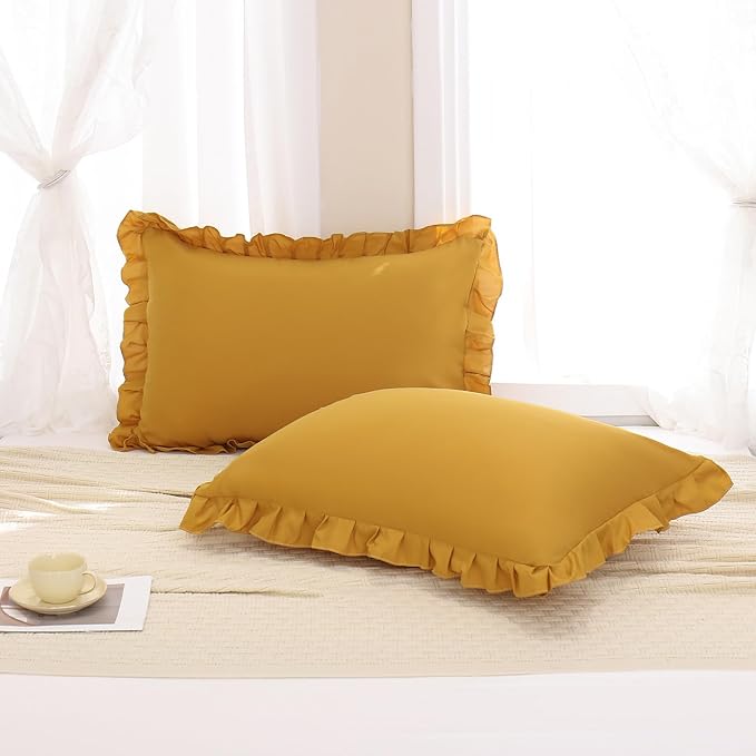 Merryword Mustard Yellow Pillowcases Standard Pillowcases 20x26inch Set of 2 Ruffle Pillow Shams Cute Pillow Covers Solid Yellow Shabby Chic Pillowcases