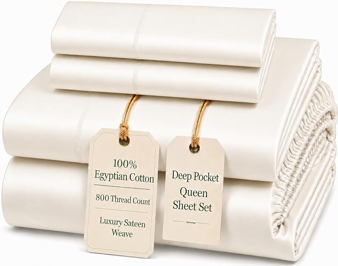 Egyptian Cotton Sheets Queen Size Bed Set, 800TC Bed Sheets - Coconut Milk | 15" Deep Pocket Hotel Luxury Queen Size Sheets Set, OEKO-TEX Certified Soft Sateen Weave, Breathable & Cooling Sheets Queen