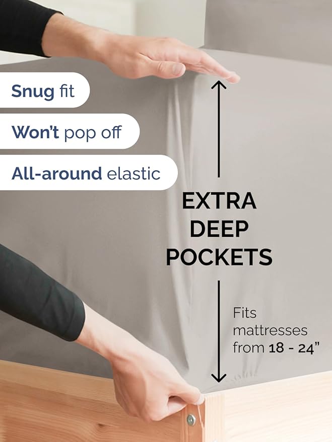 Extra Deep Full Sheet Set - 4 Piece Breathable Cooling Sheets - Light Grey | Easily Fits 18 to 24 inch Mattress - Ultra Soft, Wrinkle & Fade Free with Extra Deep Pockets - Comfy Hotel Luxury Bedding