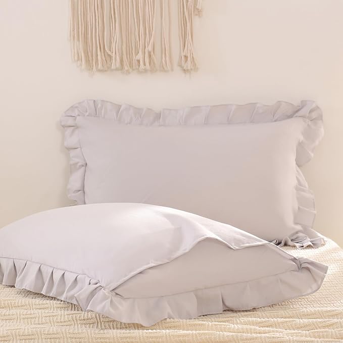 Beige Gray Pillow Shams Cute Ruffle Queen Pillowcases Solid Pillow Cover Set of 2 Shabby Chic Soft Light Gray Pillowcases 2 Pack (Queen (20''x30''), Beige Gray)