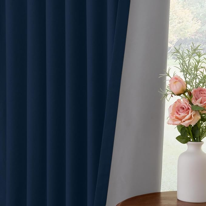INOVADAY 100% Blackout Curtains for Bedroom Black Out Curtains 80 Inch Long | Midnight Blue Living Room Curtains 2 Panels, Clip Rings Linen Look Blackout Drapes, Thermal Insulated Room Darkening,W50xL80