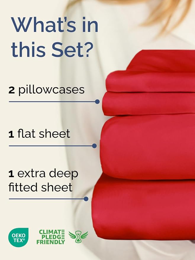 Extra Deep Full Sheet Set - 4 Piece Breathable & Cooling Bed Sheets - Red | Easily Fits 18 to 24 inch Mattress - Ultra Soft, Wrinkle & Fade Free with Extra Deep Pockets - Comfy Hotel Luxury Bedding