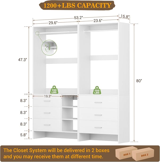 Aheaplus Closet System with 6 Drawers, 4.5ft, Set of 2, White | Wood Closet Organizer System, Walk-in Closet or Small Closets Wardrobe, Clothes Rack with Hanging Rods, Set of 2