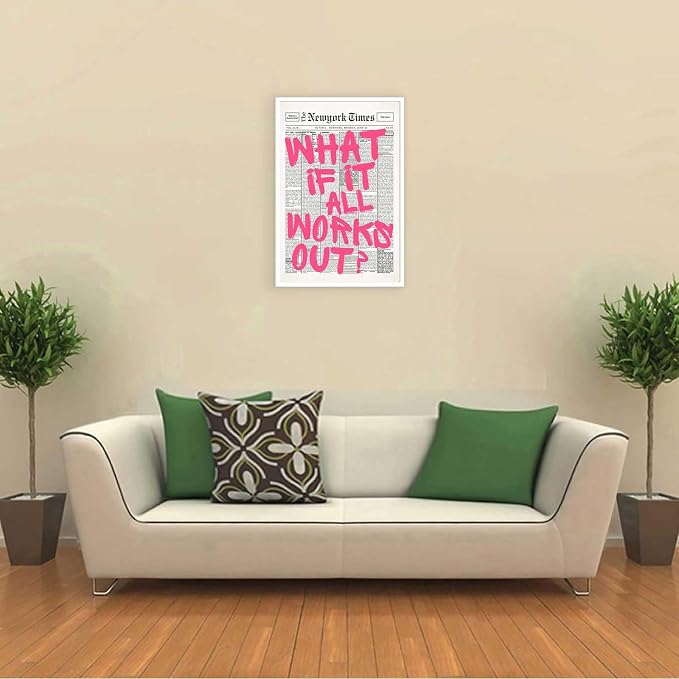 Drimiler Retro Newspaper Pink Font Poster What If It All Works Out Canvas Wall Art Positive Affirming Quote Minimalist Prints Painting For Home Bedroom Dorm Wall Decor 24x36in Unframed