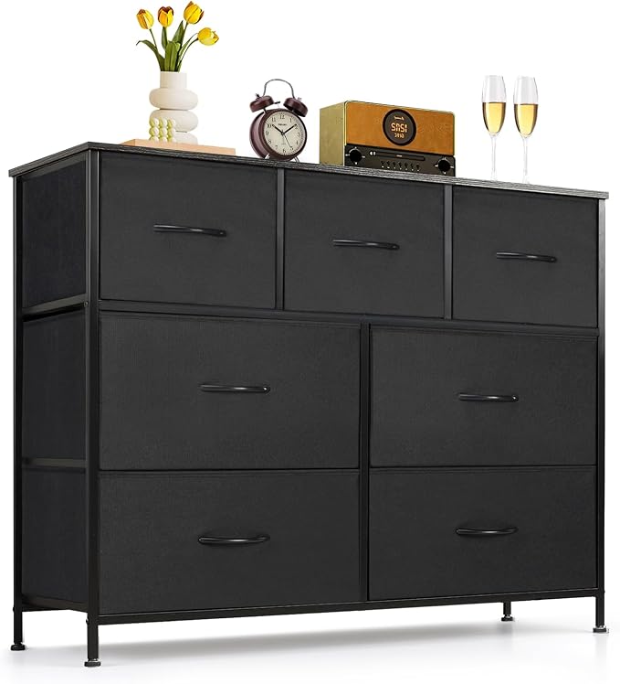 7-Drawer Dresser for Bedroom, Anti-Tip Wide Storage Organizer Fabric | Chest of Drawers TV Stand for 45" TV with Wooden Top and Metal Frame for Closet, Living Room, Hallway, Entryway, Black