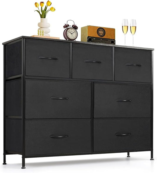 7-Drawer Dresser for Bedroom, Anti-Tip Wide Storage Organizer Fabric | Chest of Drawers TV Stand for 45" TV with Wooden Top and Metal Frame for Closet, Living Room, Hallway, Entryway, Black