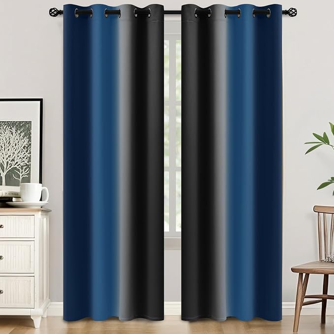 SimpleHome Ombre Blue and Black Room Darkening Curtains 84 inches Length | Bedroom Curtains,Grommet Gradient Light Blocking Window Curtains for Living Room,Thermal Insulated Drapes 2 Panels,52wx84L