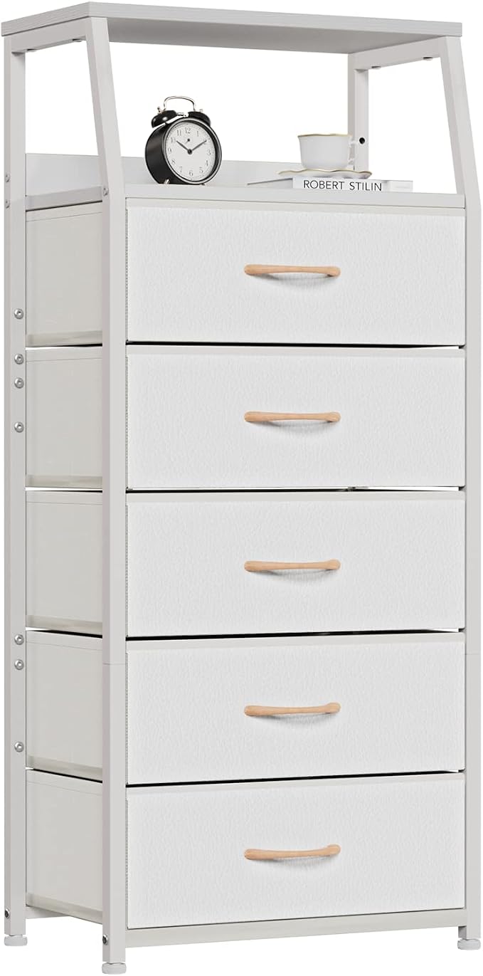 Furnulem White Tall Dresser for Bedroom, 5 Fabric Bins Tall Nightstand | Dorm Dresser, Vertical Storage for Closet, Chest of Drawer for Entryway, Nightstand Bedside Table, Metal Frame,Wood Top