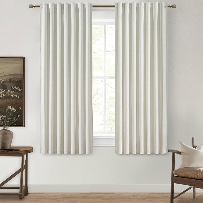 QJmydeco Pleated Curtains with Pin Hooks Linen Kitchen 45 Inch Length 2 Panels Set, Blackout Curtains with Rings Back Tab for Small Window Soundproof Heat Blocking Drapes (BeigeWhite W50 xL45)