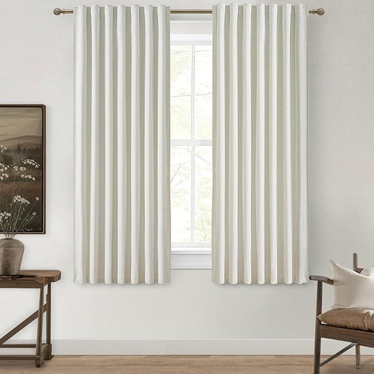 Beige White Room Darkening Curtains 72 Inches Long 2 Panels Burg, Linen Heavy Insulated Bay Window Curtain Modern Neutral Drapes for Bedroom/Cabin/Kitchen (W50" x L72"Tall) 6FT Length Hook Belt