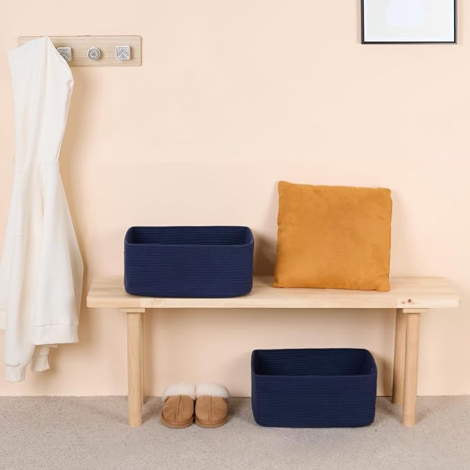 MiniArk Large Storage Baskets for Shelves, 17 x 13 x 7.5” Closet Organizers Bins for Clothes Blanket Towels, Baby Nursery, Toy Baskets Box, Woven Rope Baskets, 2 Packs Navy Blue