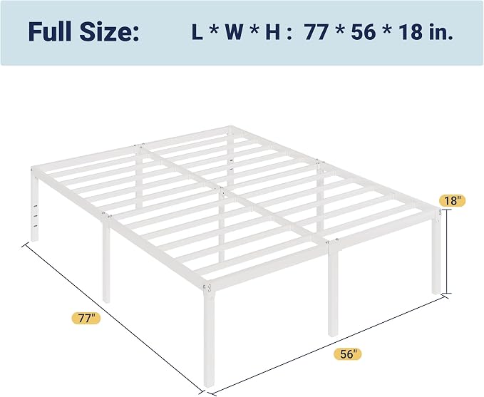 Allewie Full Size Bed Frame, 18 Inch Metal Beds with Storage Space, White | Heavy-Duty Metal Platform Beds, Large Under-Bed Storage Space, No Box Spring Needed, Easy Assembly