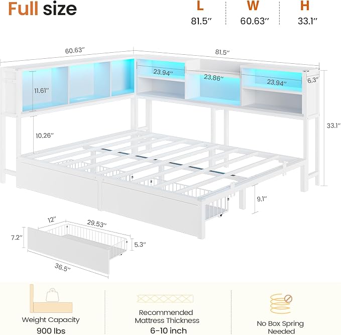 DICTAC Full Corner Bed Frame with 2 Storage Drawers and Bookcase Headboard,Full Size Metal Platform Bed Frame with Charging Station and Led Lights,Modern Full Daybed for Kids,Teen and Guests,White