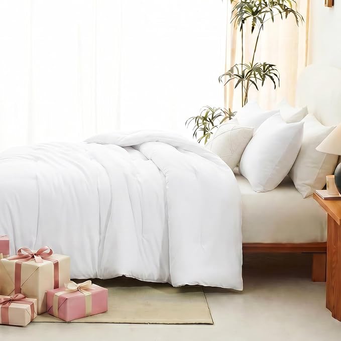 Full Comforter Set, 3 Pieces Down Alternative Bedding, White | 270 GSM All Season Comforter with 4 Corner Ties for Use as a Duvet Insert, OEKO-TEX Certified, 2 Pillowcases, 82 x 86 in