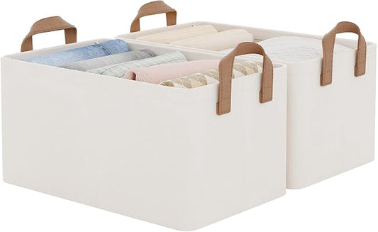 StorageWorks Fabric Storage Bins, Linen Closet Organizers, Natural, 2-Pack | With Reinforced PU Handles, Metal Frame, Collapsible, Storage Basket for Shelves, Closet, Holds Clothes, Towels, Blankets