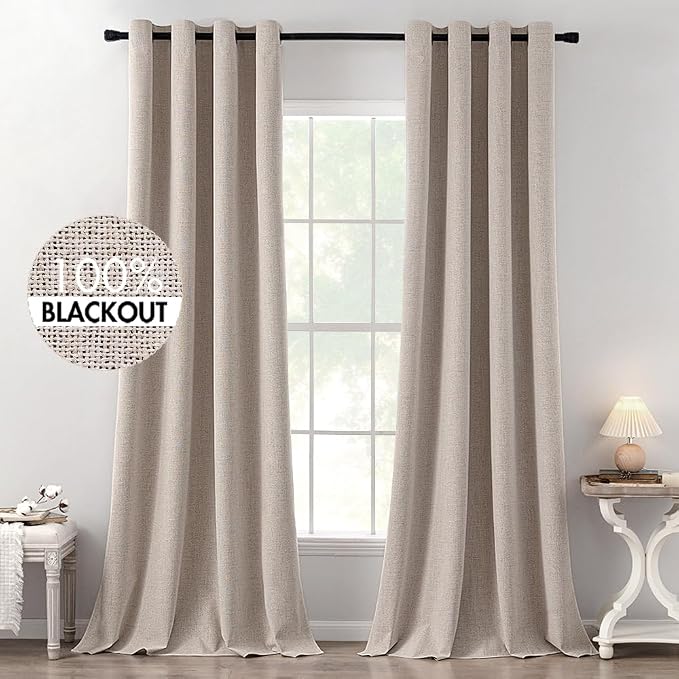 MIULEE 100% Blackout Linen Curtains for Bedroom 52x120 Inches Khaki | Room Darkening, Light Blocking, Thermal Insulated, Grommet Top, Linen Textured, Window Curtains for Living Room, 2 Panels
